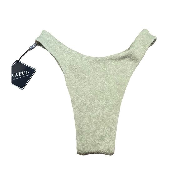 Zaful Cheeky Thong High Rise Bikini Bottoms Light Green Crinkle Textured Swimsui - Picture 2 of 6